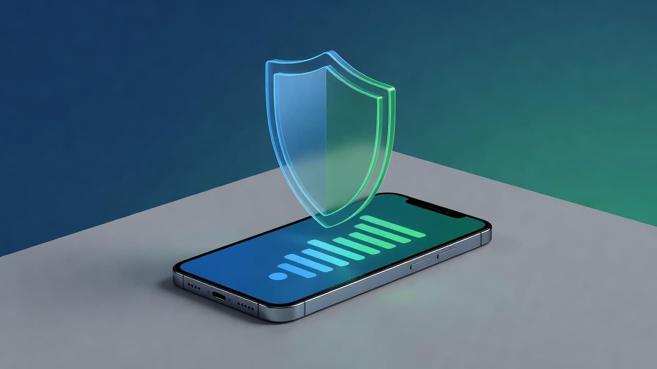 Shield icon over a smartphone displaying eSIM signal bars, representing eSIM security and data protection for international travelers
