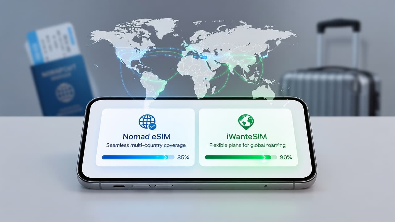 Comparison of Nomad eSIM vs iWanteSIM for multi-country travel — showing phone with eSIM activation and world map