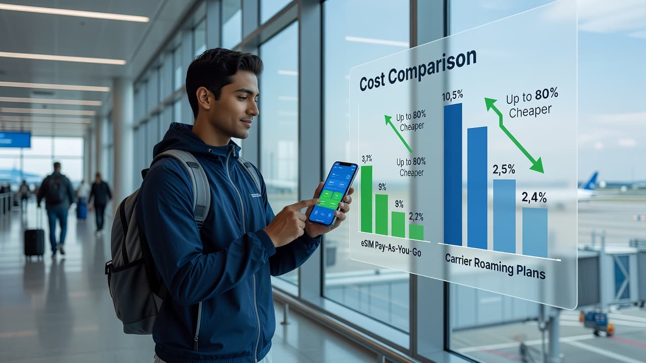 Traveler using a pay-as-you-go eSIM on their smartphone at an airport, with cost comparison graphics showing savings versus carrier roaming plans