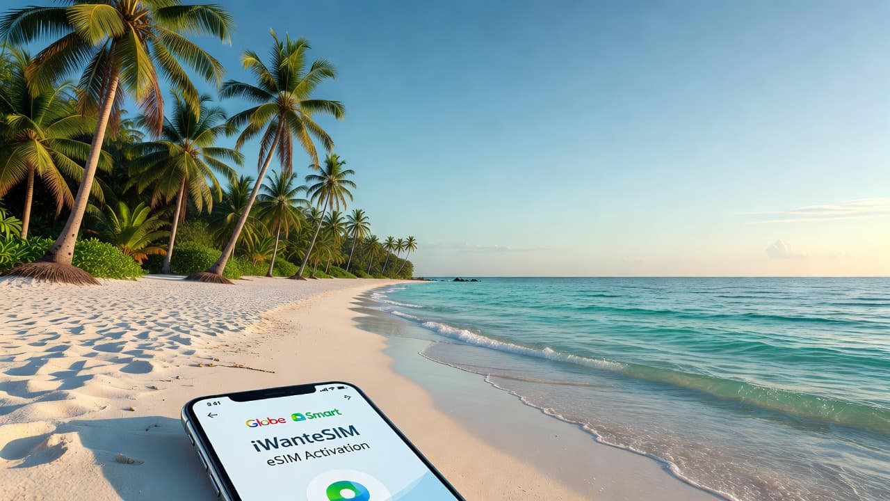 Philippine beach with turquoise water and palm trees, smartphone displaying iWanteSIM eSIM activation screen with Globe and Smart network indicators