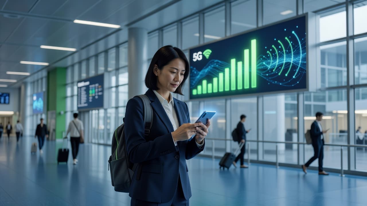Traveler using smartphone with eSIM connectivity in a modern airport terminal with 5G signal indicators