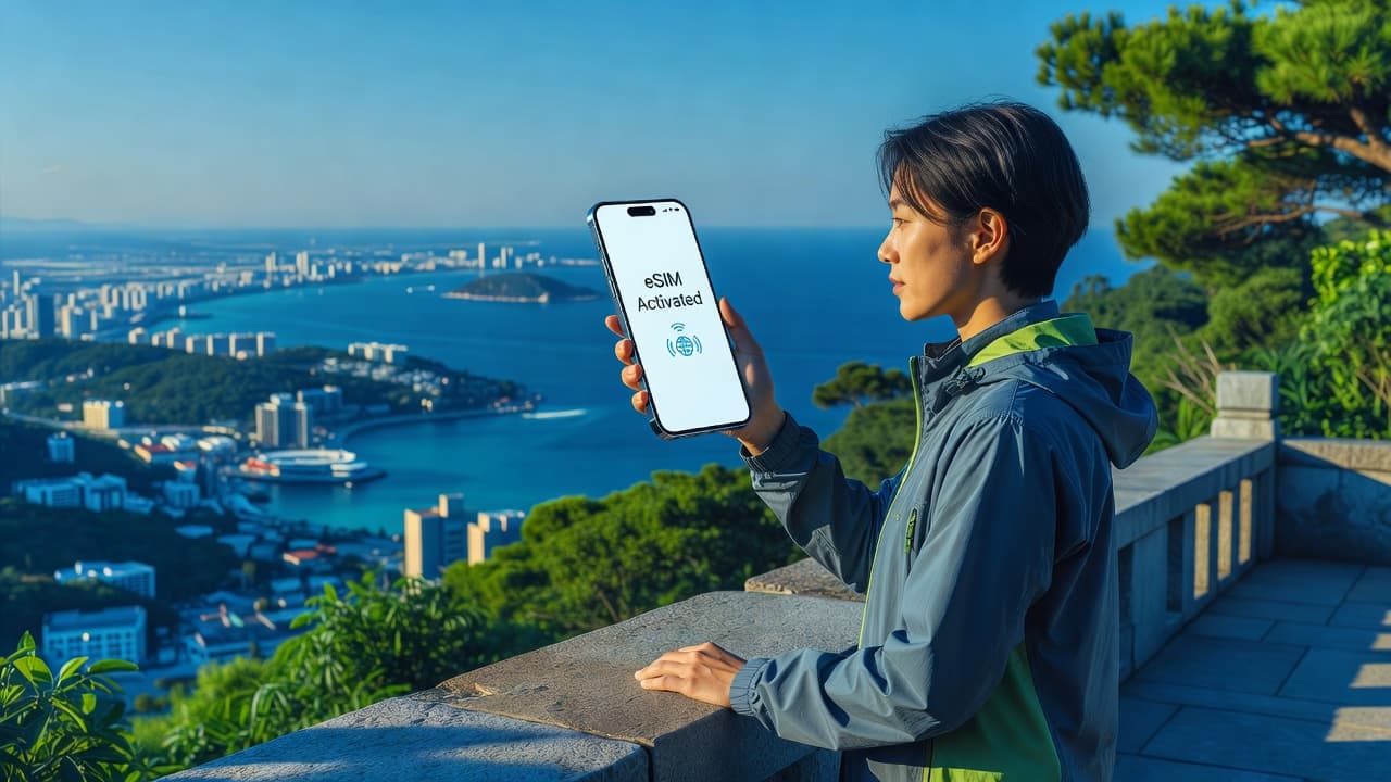 Traveler using smartphone with eSIM notification while overlooking a scenic international destination in 2026