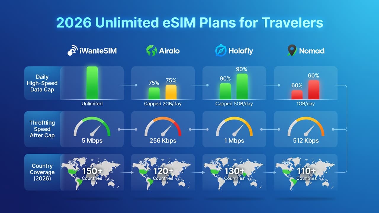 Comparison infographic of unlimited data eSIM plans from iWanteSIM, Airalo, Holafly, and Nomad showing daily high-speed caps, throttling speeds, and country coverage for 2026 travelers