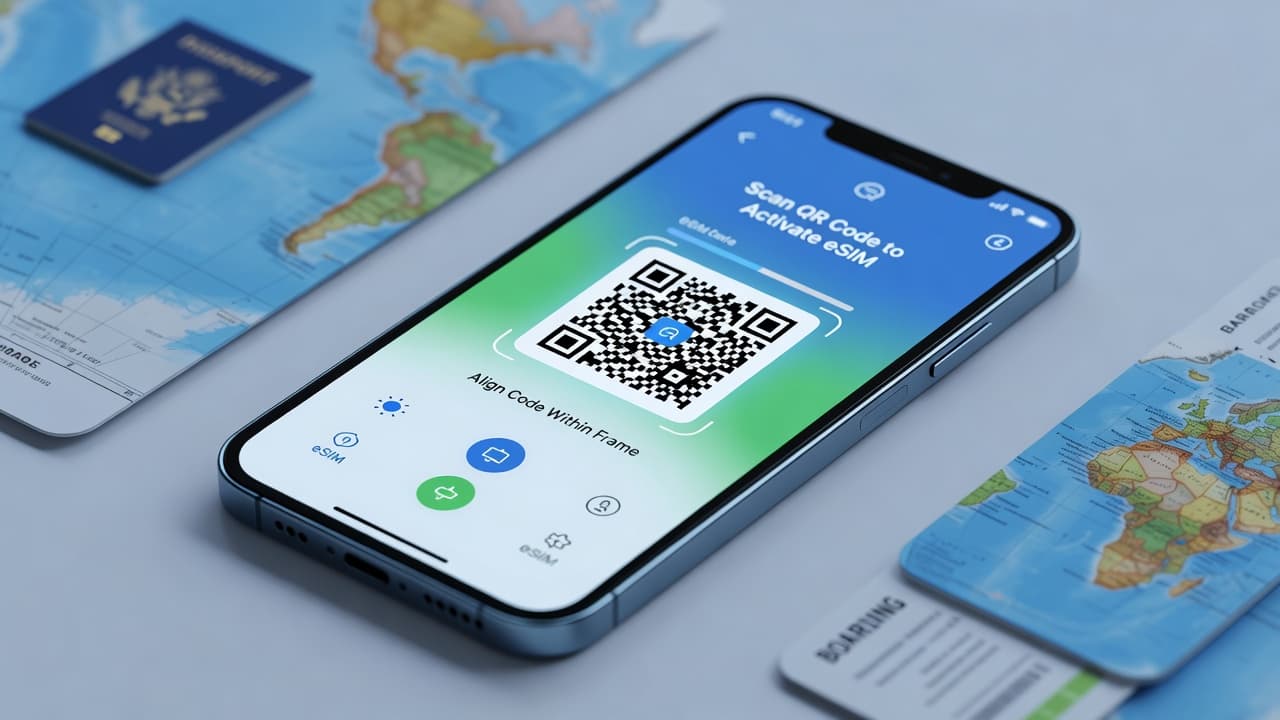 Smartphone displaying eSIM activation screen with QR code scanning